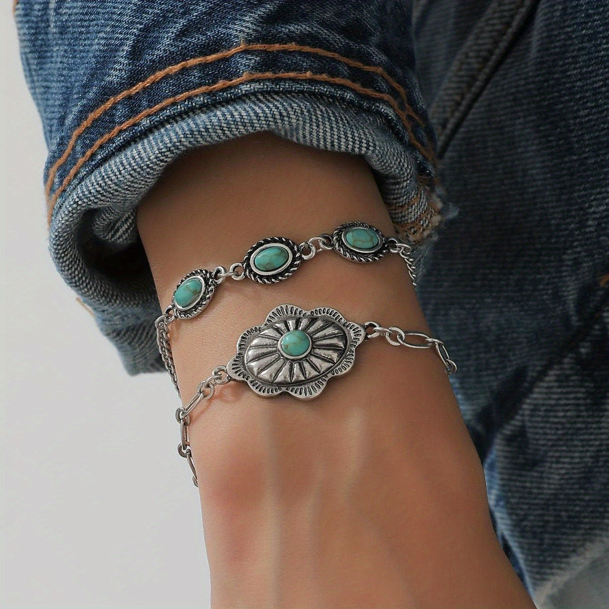 Turquoise Sunburst & Oval Link Bracelet Set