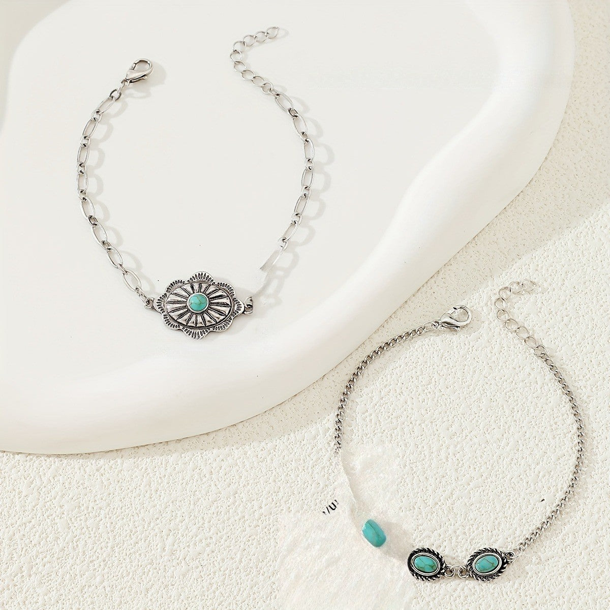 Turquoise Sunburst & Oval Link Bracelet Set
