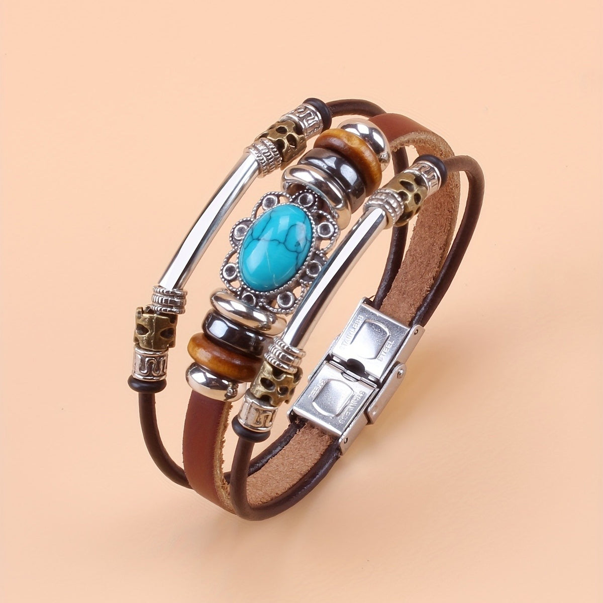 Turquoise Oval Leather Wrap Bracelet