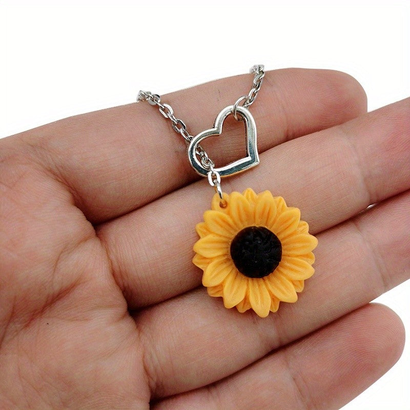 Sunflower & Hollow Heart Lariat Necklace