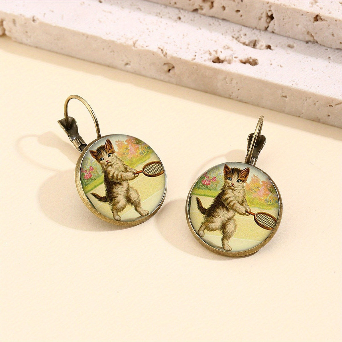 Vintage Cat Portrait Glass Earrings