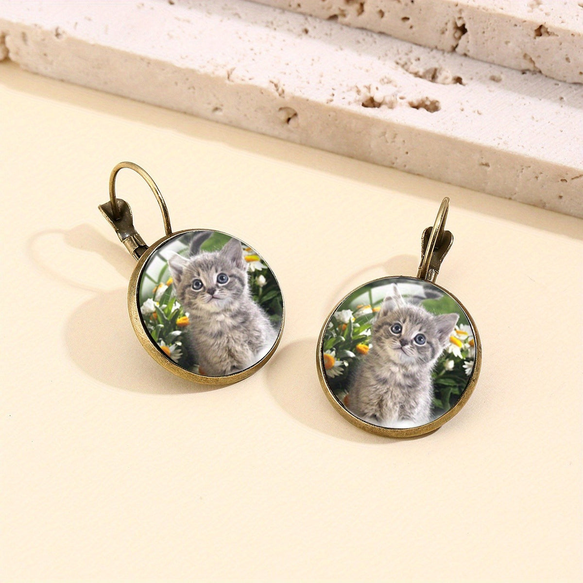 Vintage Cat Portrait Glass Earrings