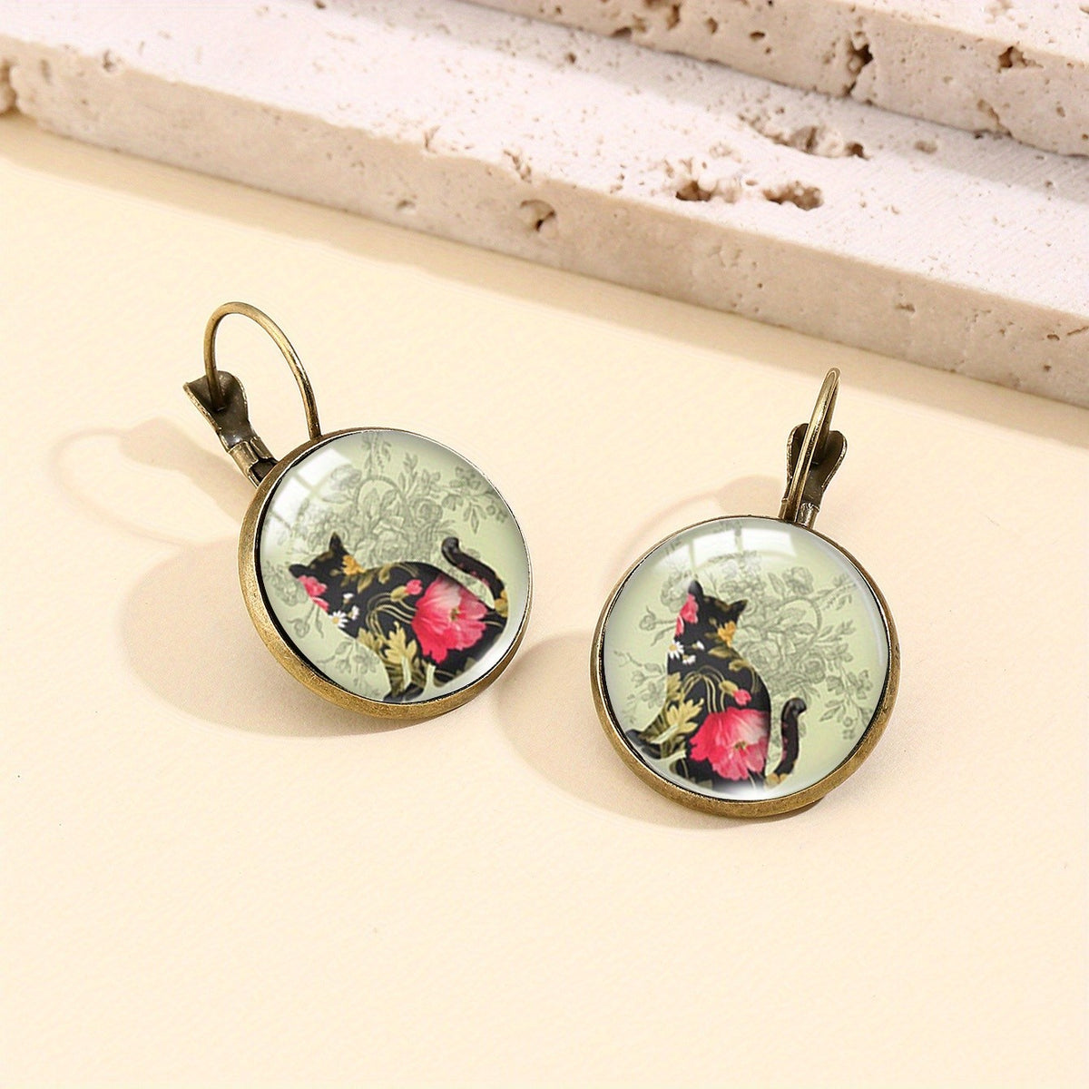 Vintage Cat Portrait Glass Earrings