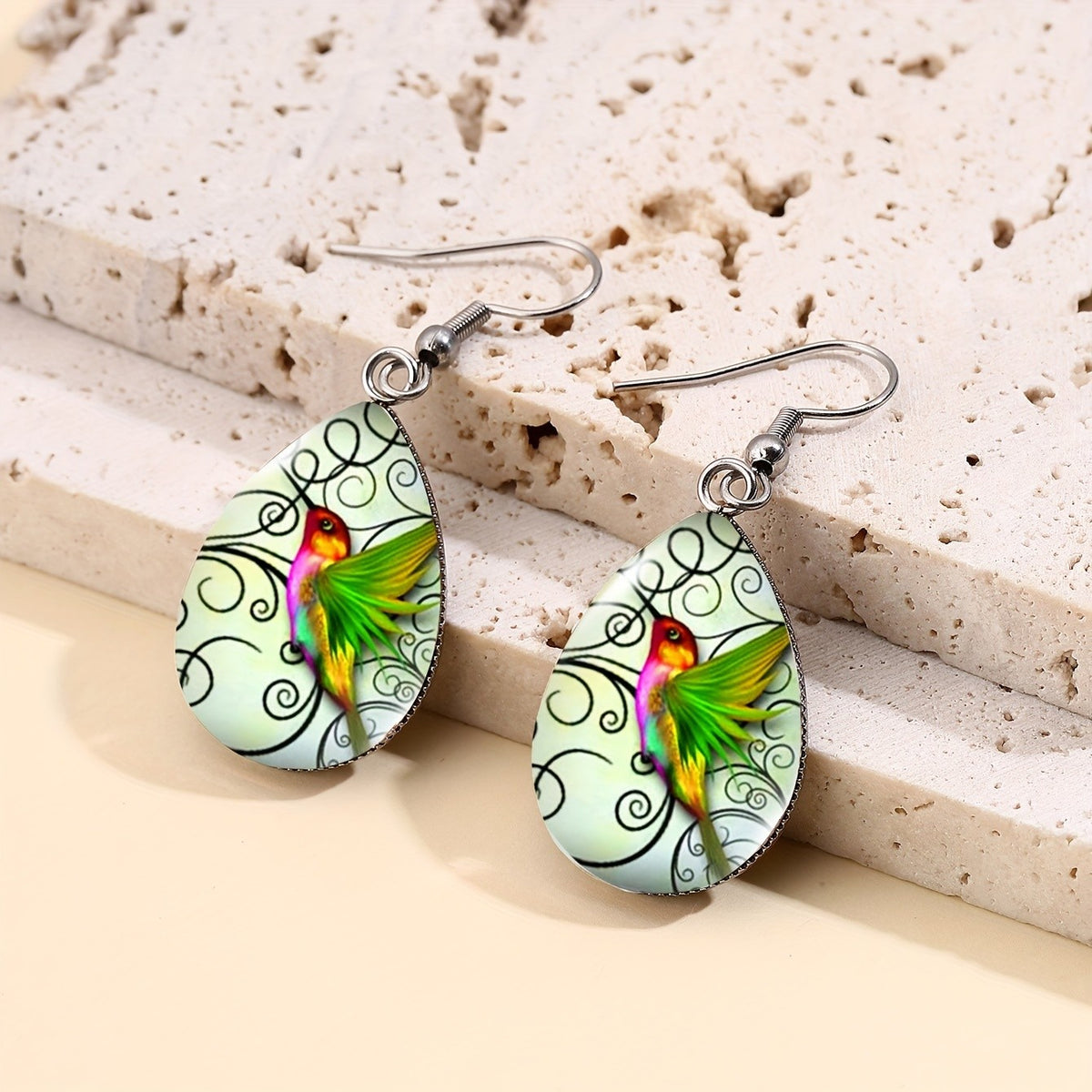 Hummingbird Scroll Glass Teardrop Jewelry Set