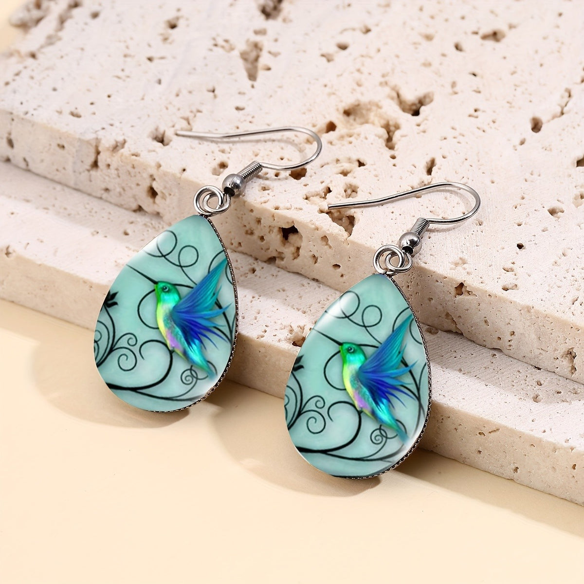 Hummingbird Scroll Glass Teardrop Jewelry Set