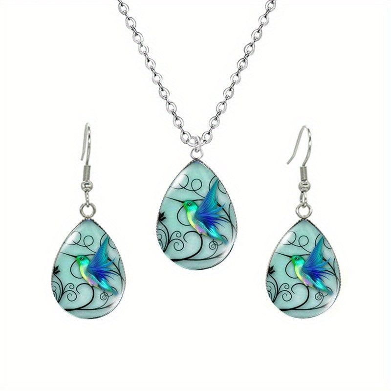 Hummingbird Scroll Glass Teardrop Jewelry Set