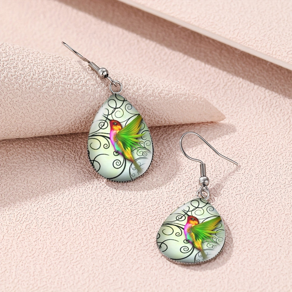 Hummingbird Scroll Glass Teardrop Jewelry Set