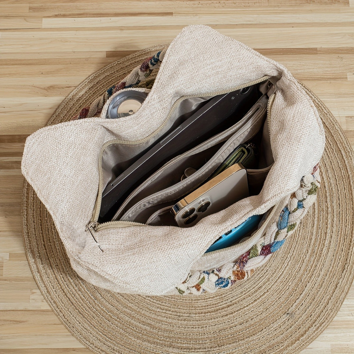 Braided Handle Floral Tote Bag