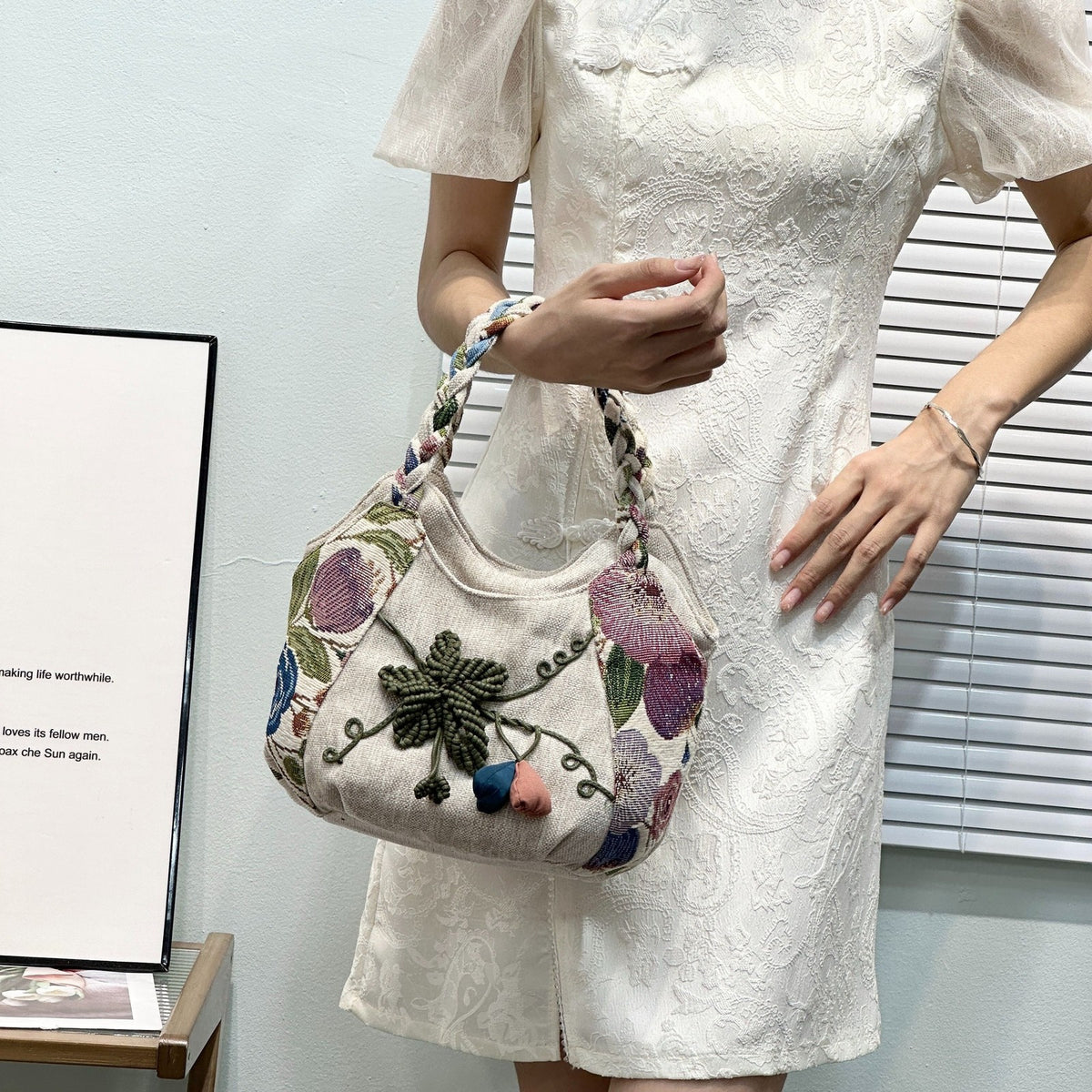 Braided Handle Floral Tote Bag