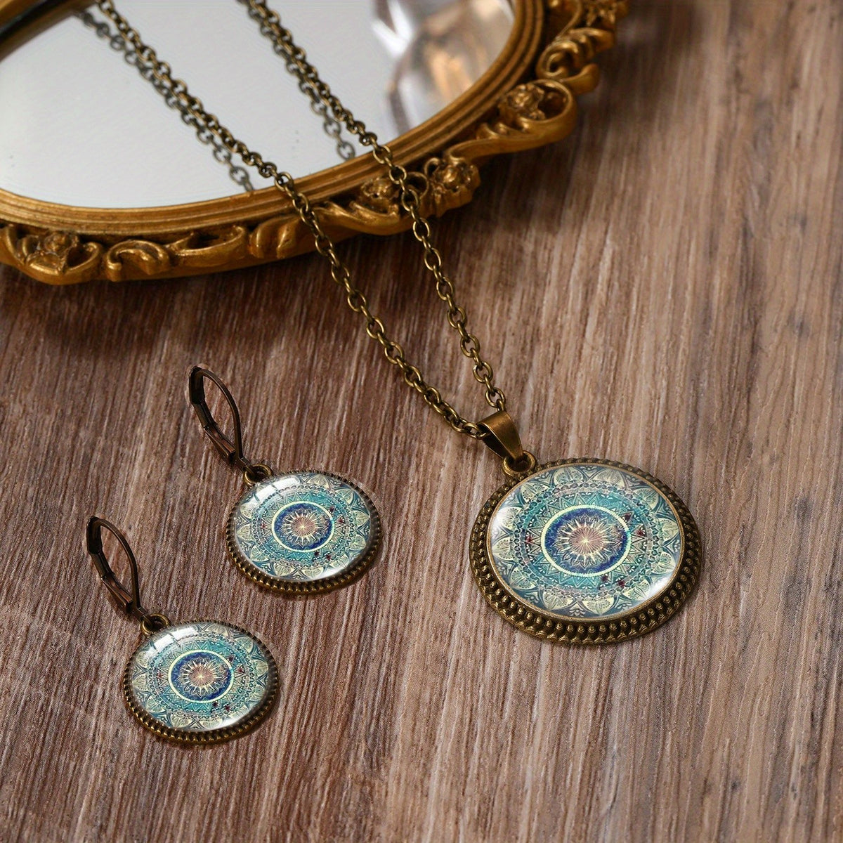 Teal Mandala Glass Jewelry Set
