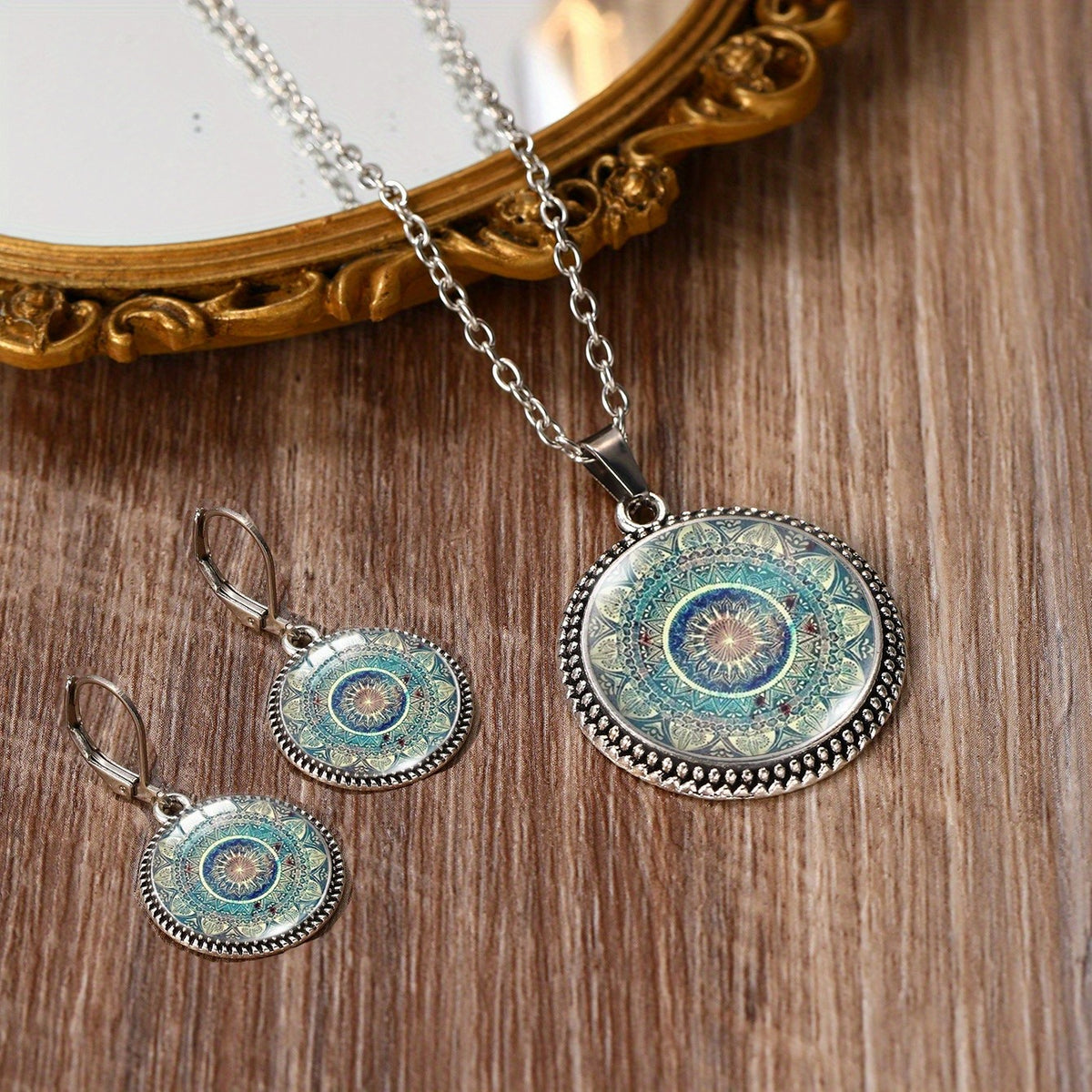 Teal Mandala Glass Jewelry Set