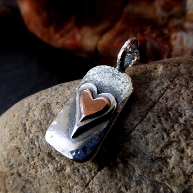 Hammered Rectangle Heart Pendant Necklace