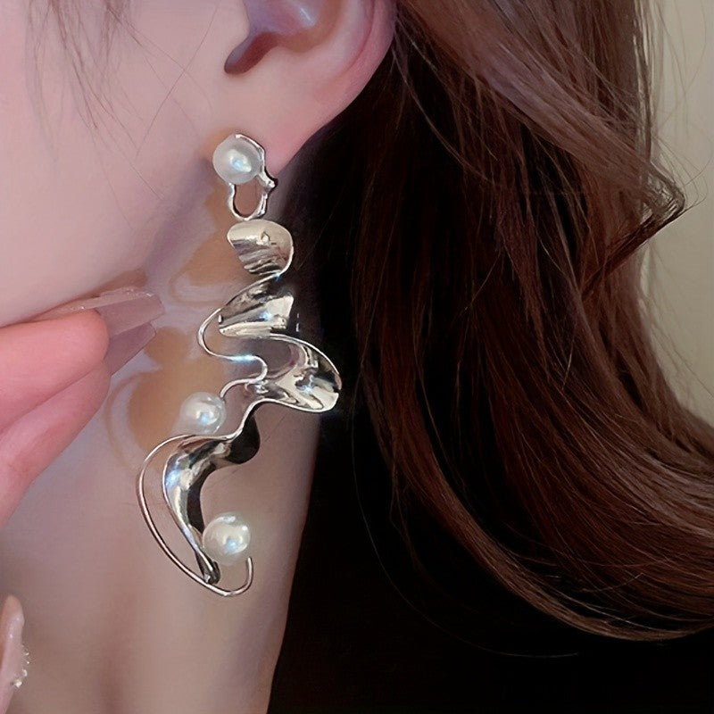 Sculptural Wave Pearl Drop Earrings