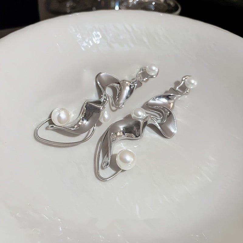 Sculptural Wave Pearl Drop Earrings
