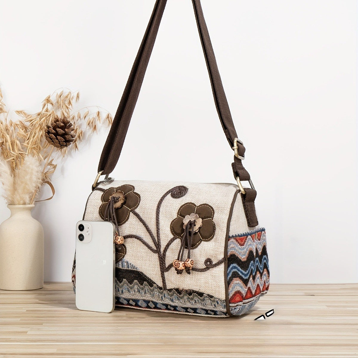 Embroidered Floral Messenger Bag