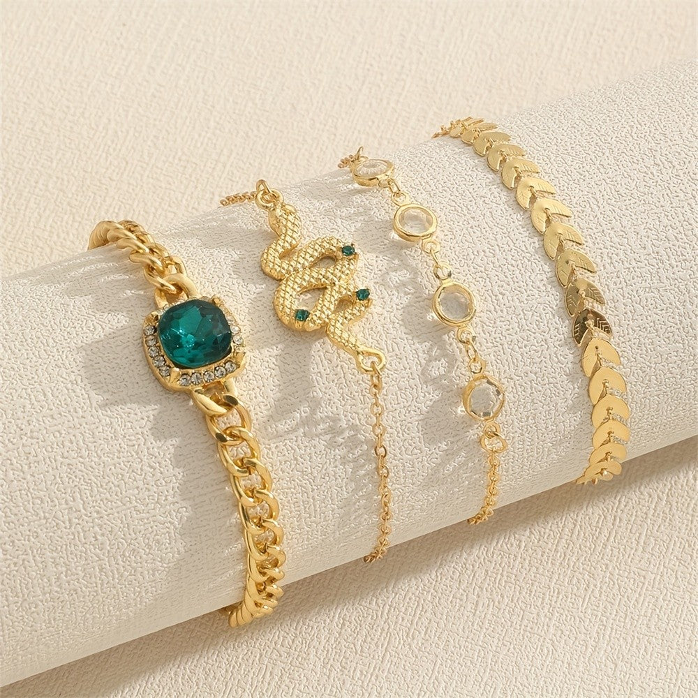 Snake, Leaf & Green Crystal Bracelet Set