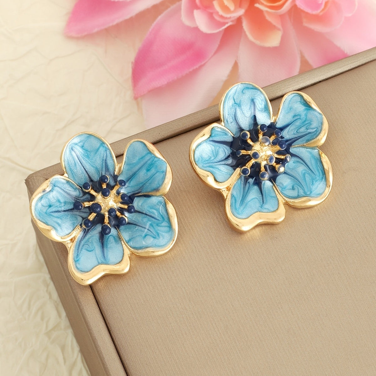 Blue Marbled Flower Earrings