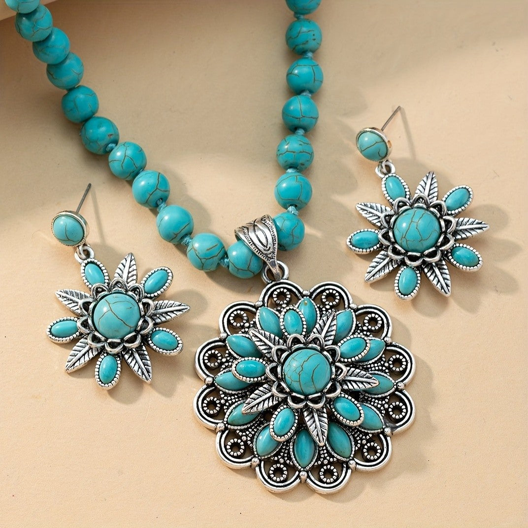 Turquoise Floral Layered Necklace Set
