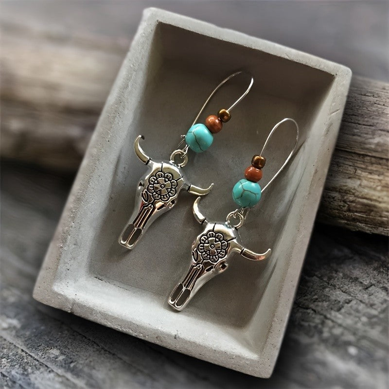 Turquoise Bead Bull Skull Earrings