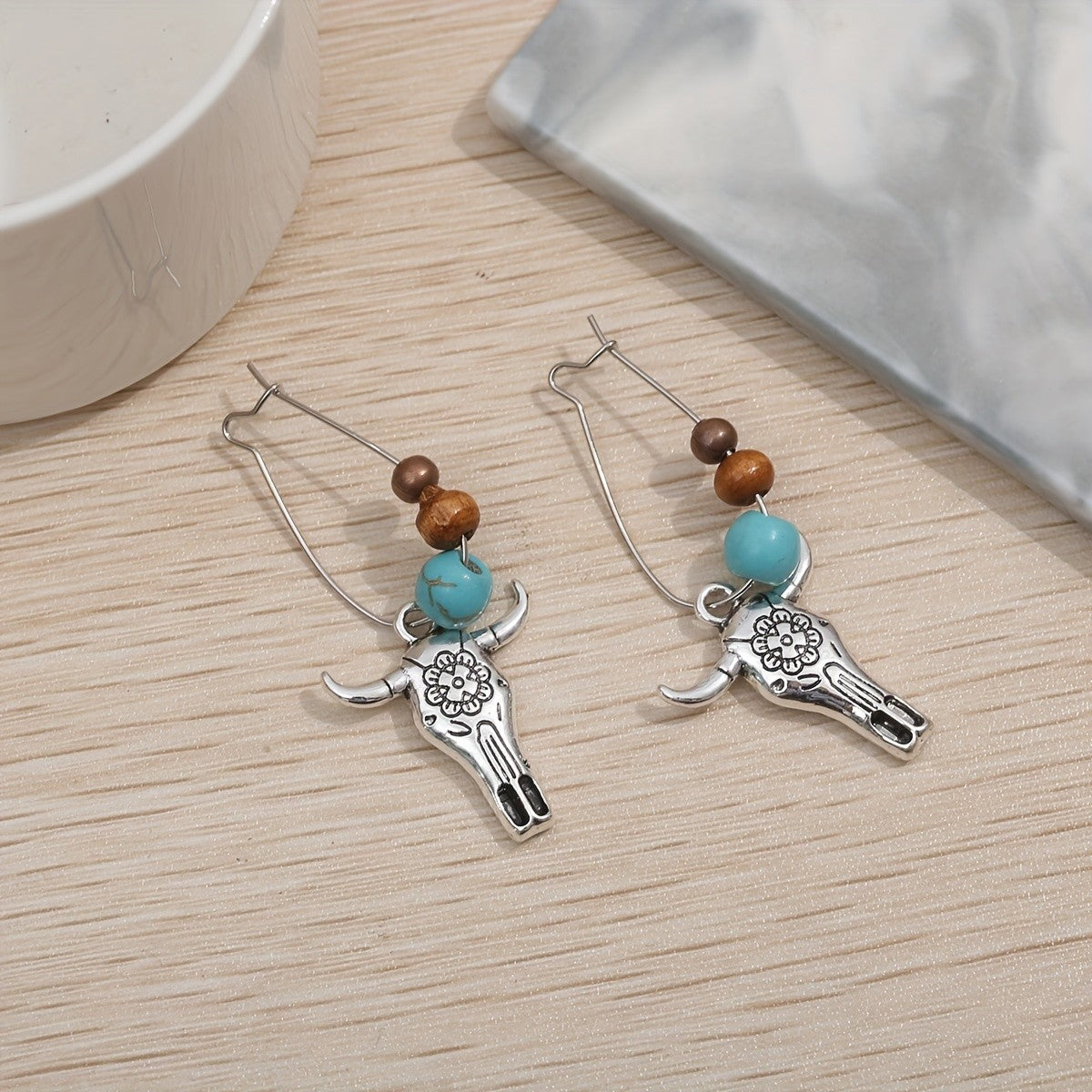 Turquoise Bead Bull Skull Earrings