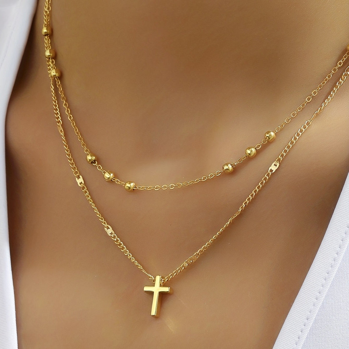 Layered Cross Bead Necklace