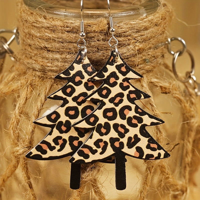 Leopard Print Christmas Tree Earrings