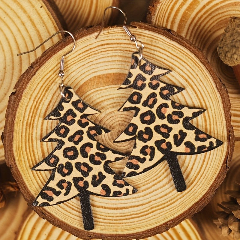 Leopard Print Christmas Tree Earrings