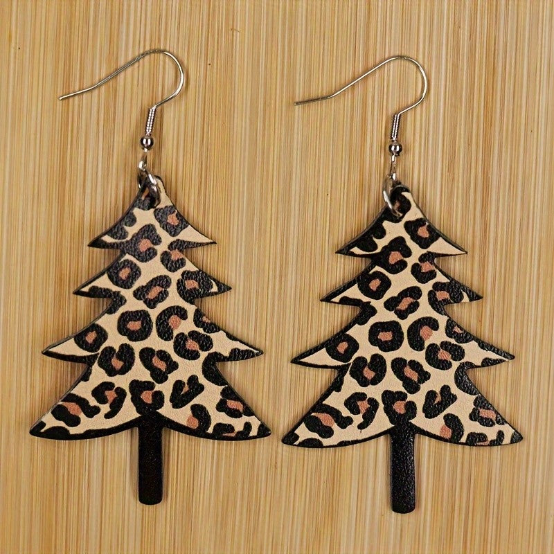 Leopard Print Christmas Tree Earrings