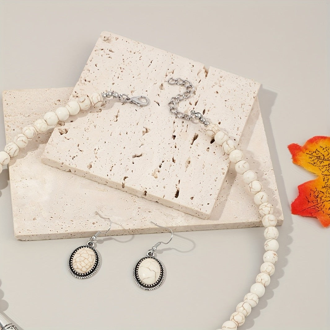 Cracked Stone Round Pendant Necklace & Earring Set