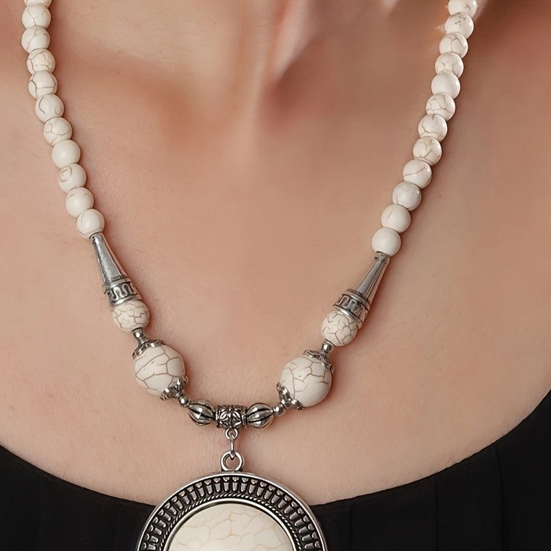 Cracked Stone Round Pendant Necklace & Earring Set