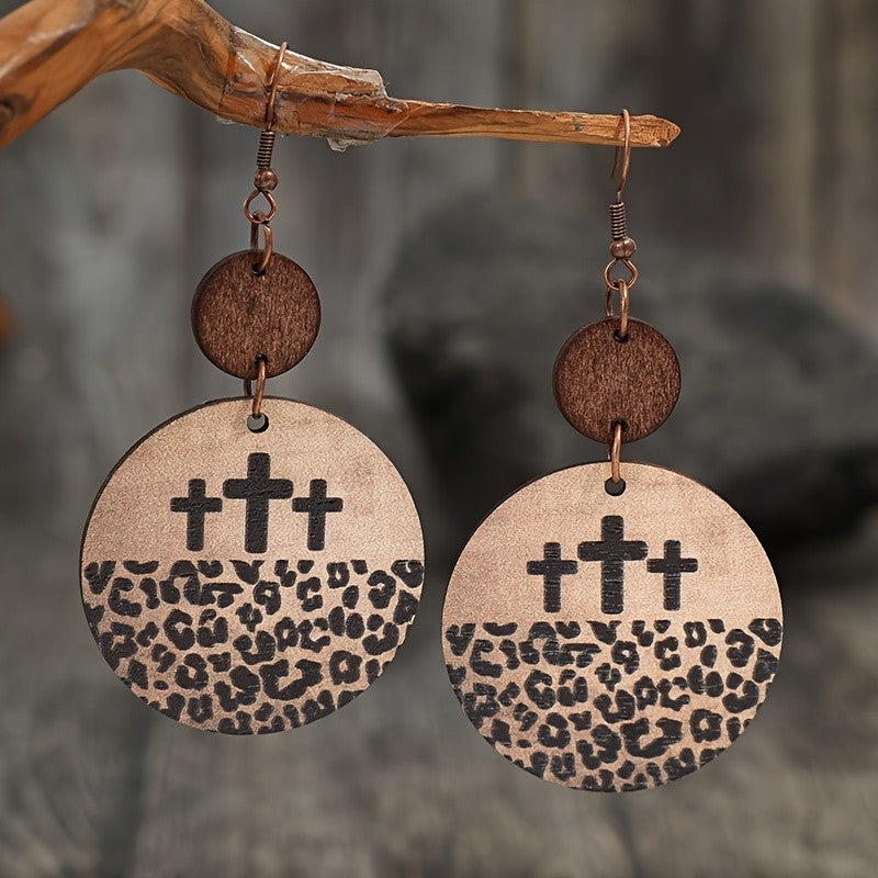 Wooden Leopard Cross Disc Earrings