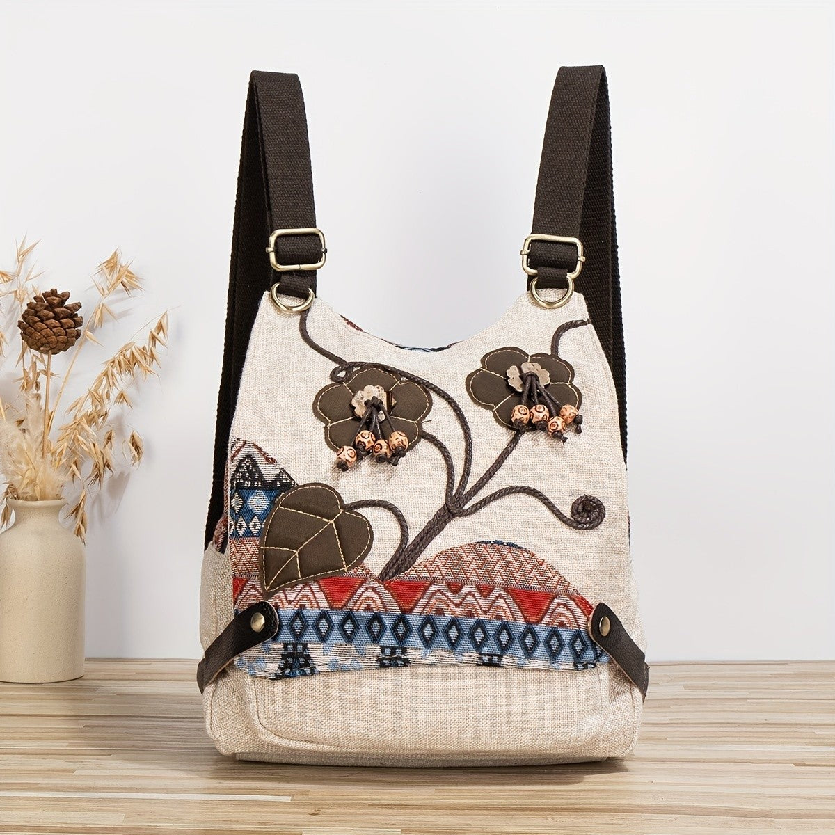 Beaded Floral Canvas Backpack