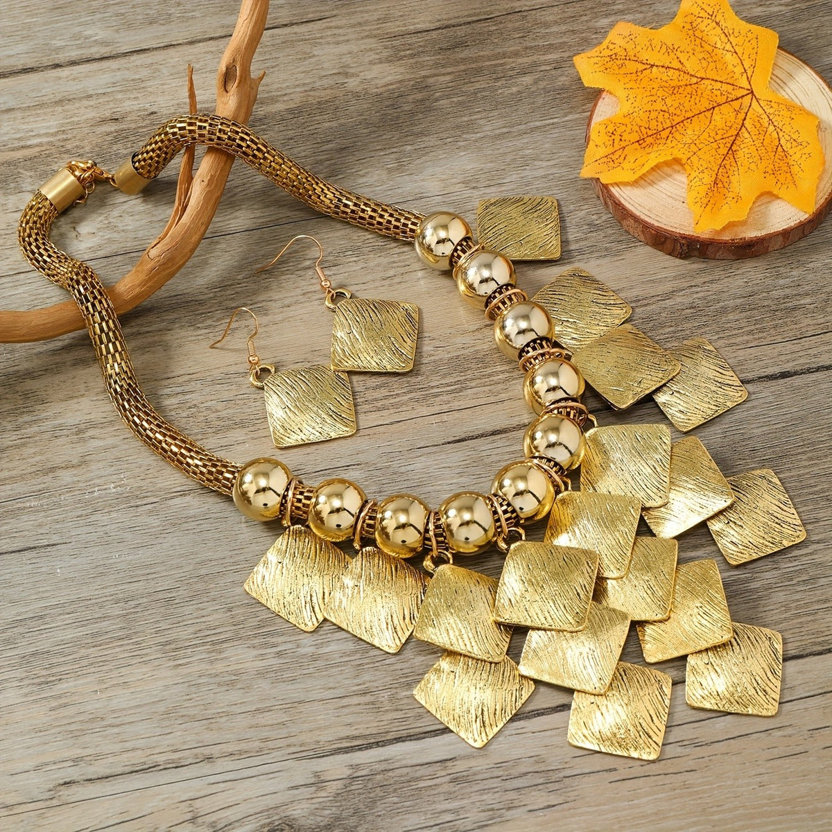 Textured Square & Bead Necklace Set