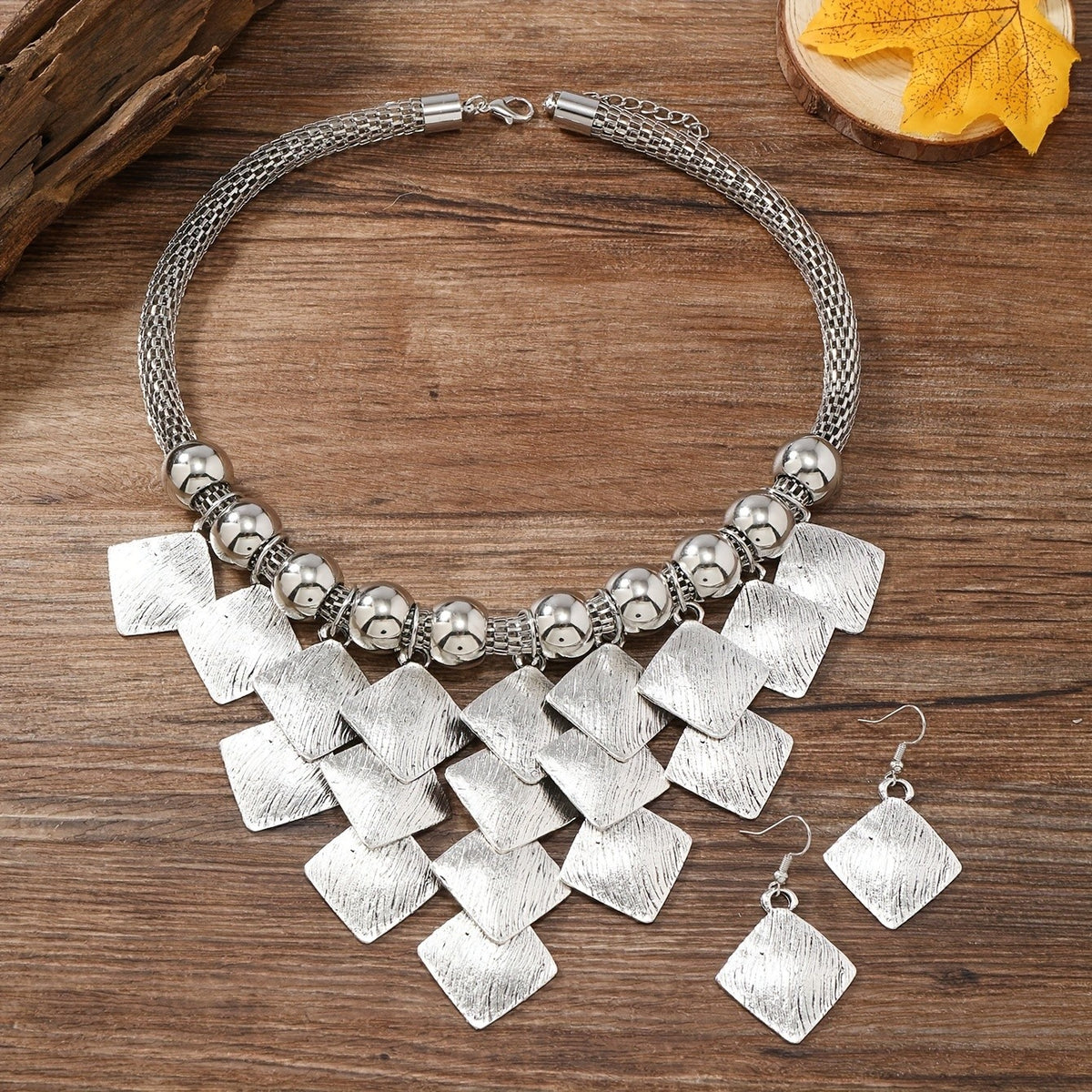 Textured Square & Bead Necklace Set