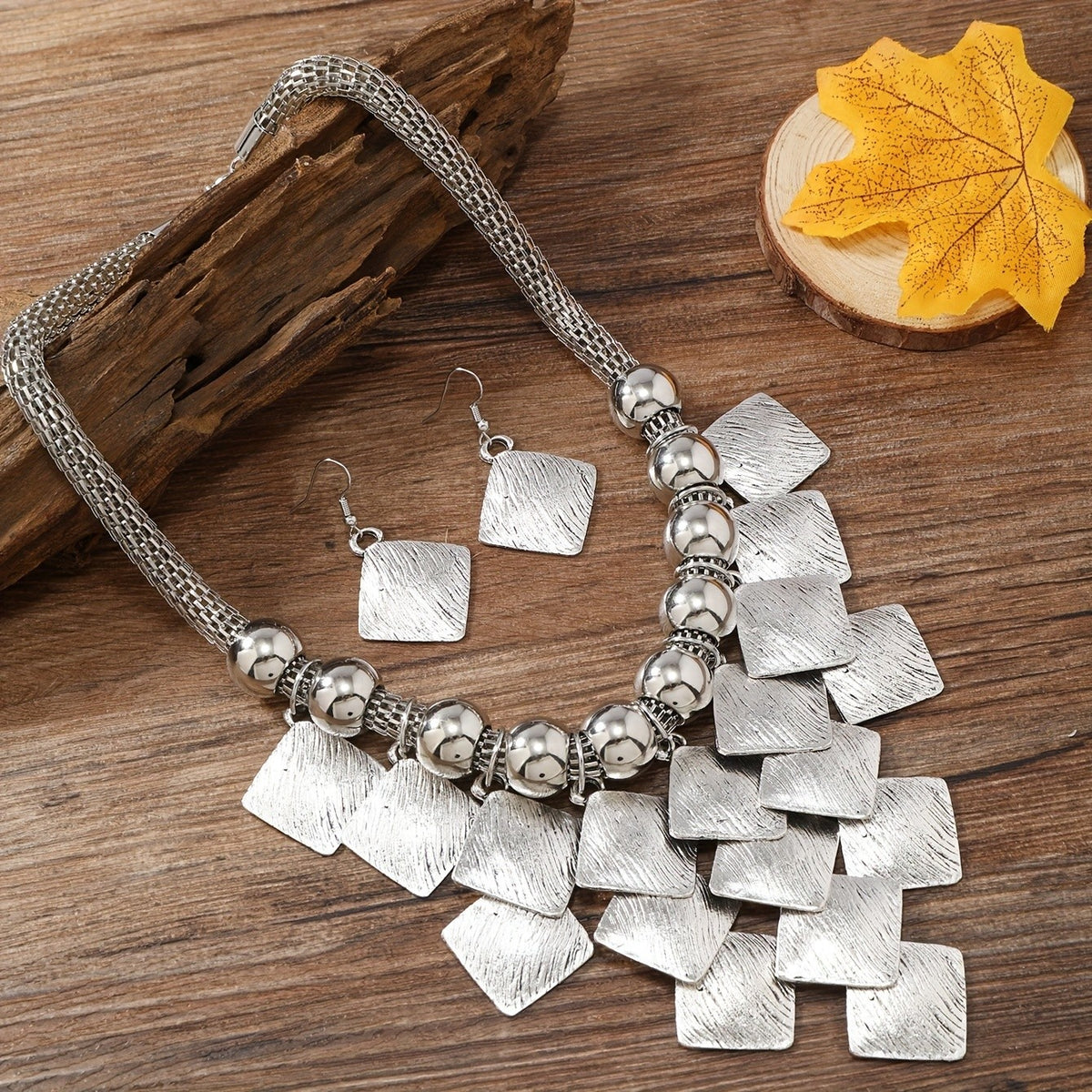 Textured Square & Bead Necklace Set