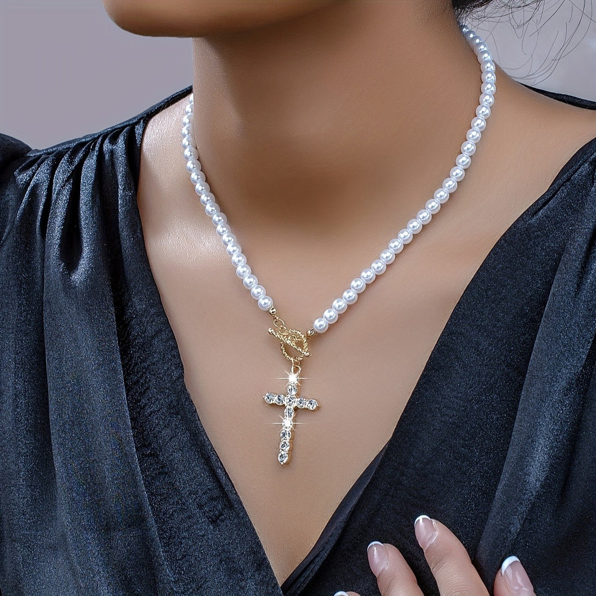 Crystal Cross Pearl Necklace