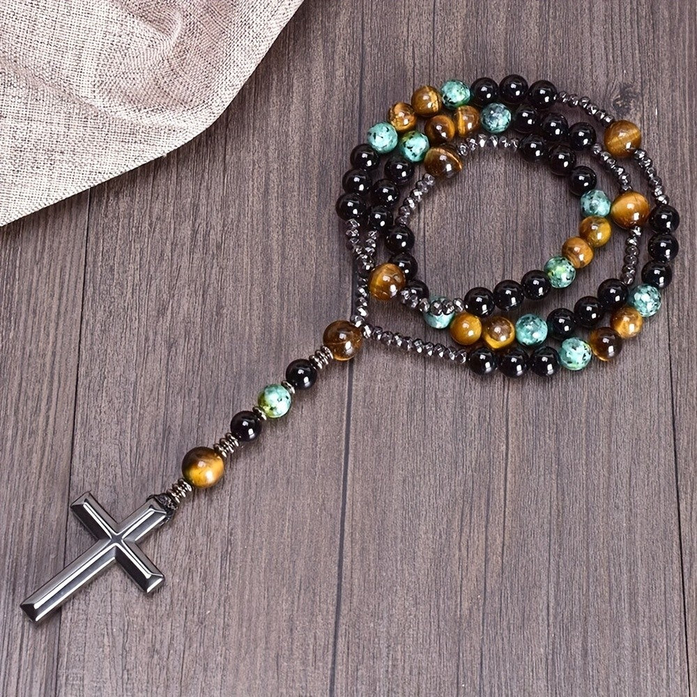 Tiger Eye & Turquoise Cross Necklace