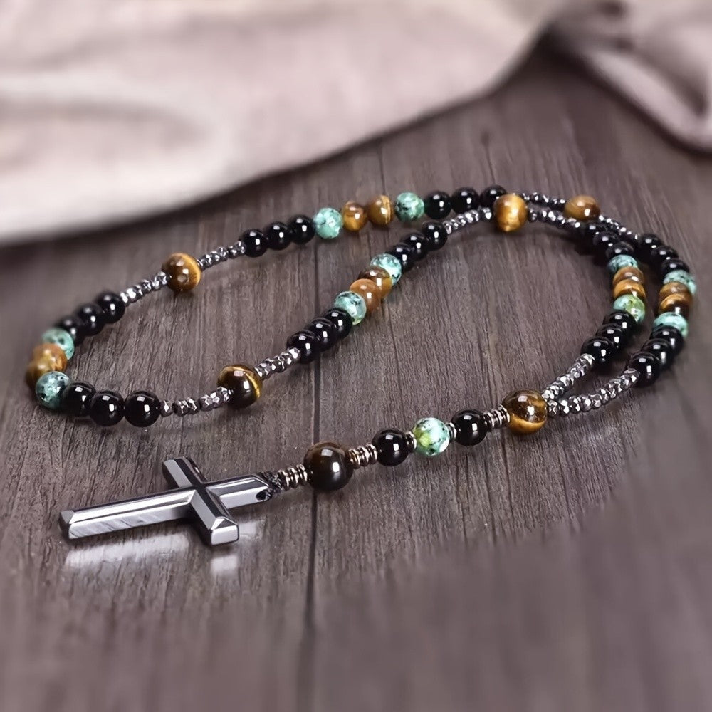 Tiger Eye & Turquoise Cross Necklace