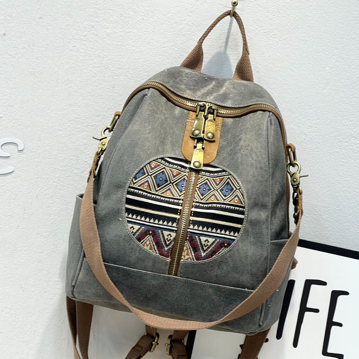 Geometric Patch Canvas Backpack