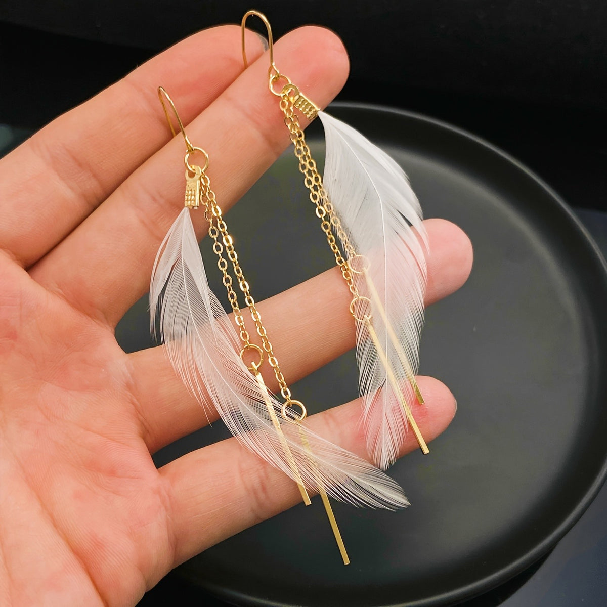 White Feather Drop Earrings