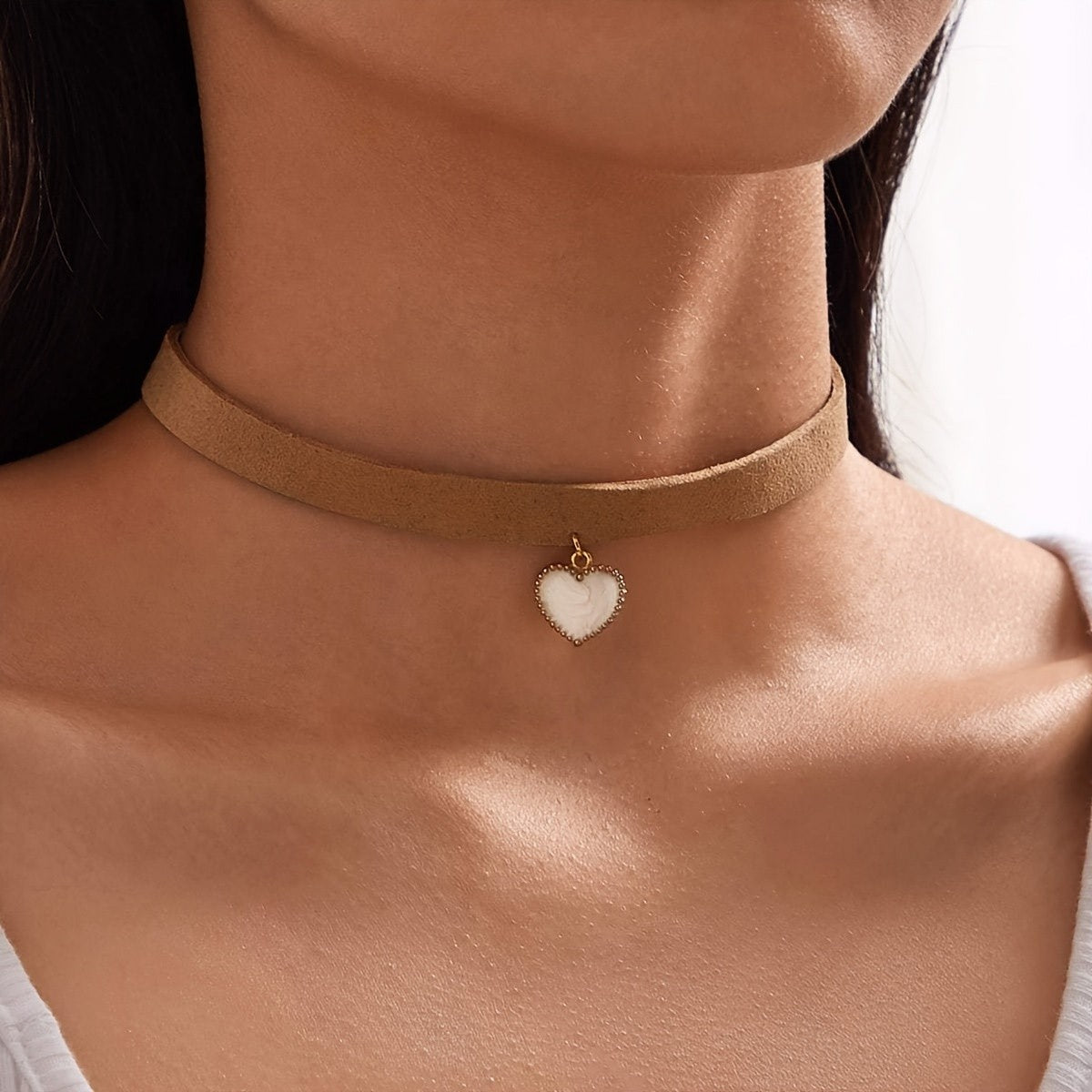 Tan Fabric Heart Choker Necklace