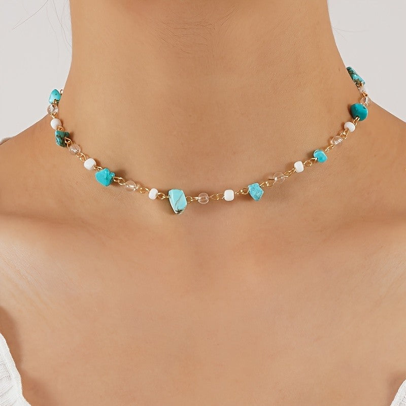 Turquoise & White Bead Link Necklace