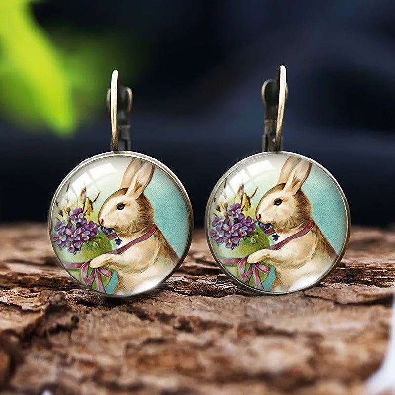 Vintage Rabbit Glass Dome Earrings