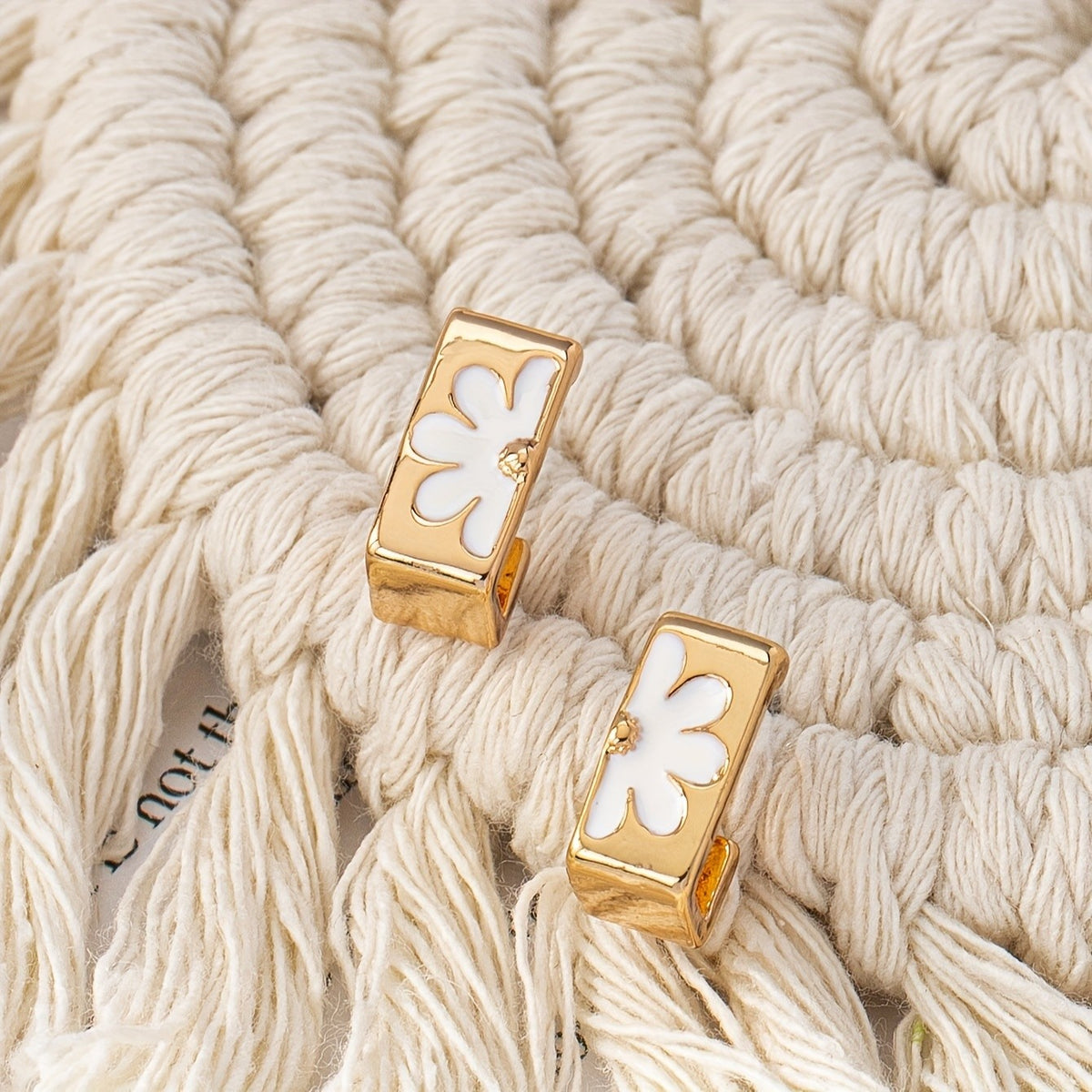 White Enamel Flower Square Hoop Earrings