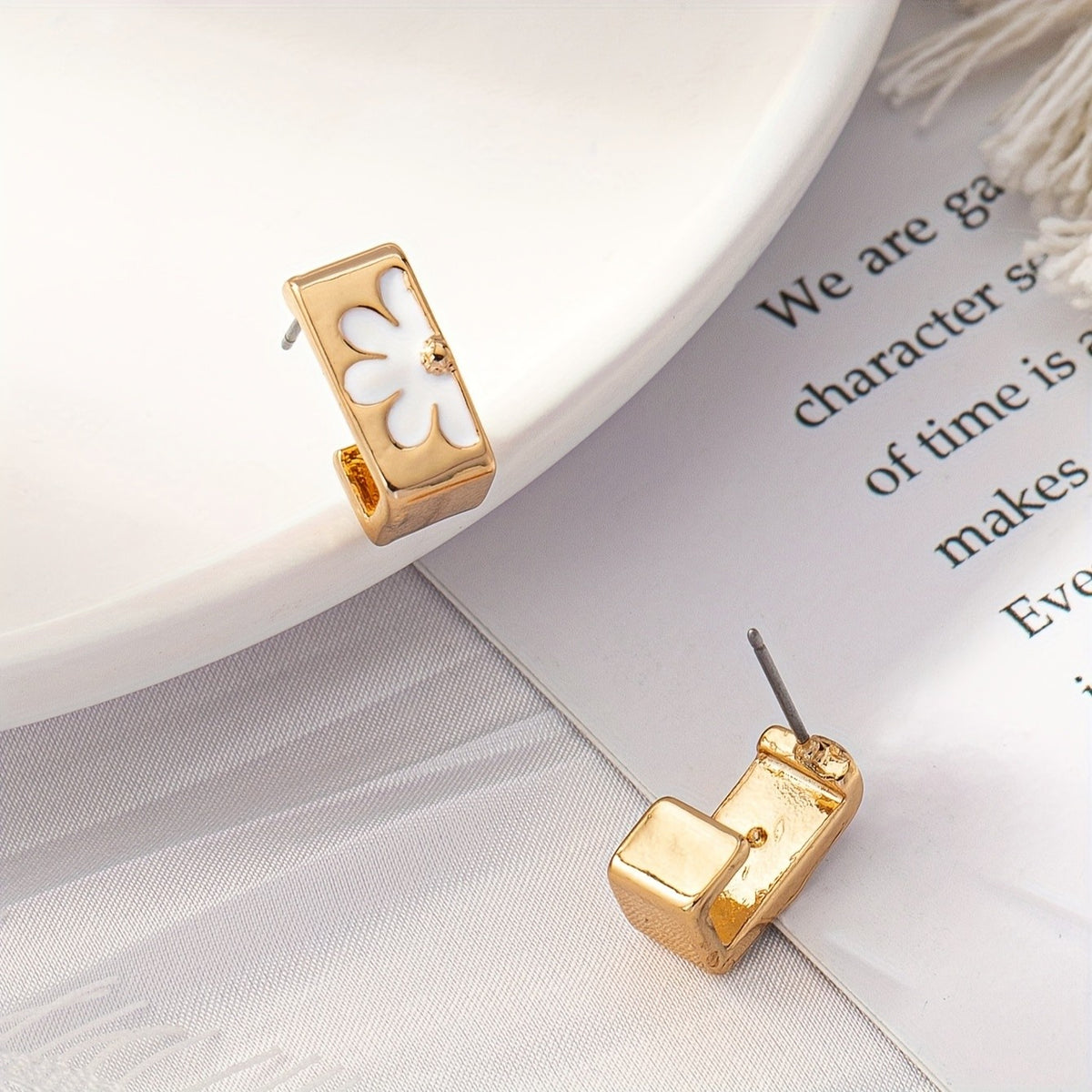 White Enamel Flower Square Hoop Earrings