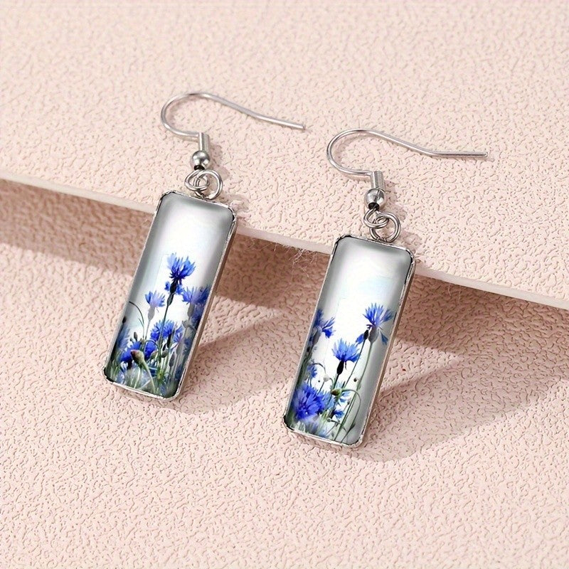 Blue Cornflower Rectangular Earrings