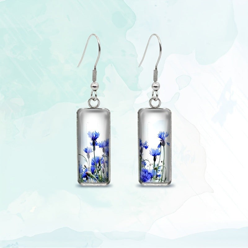Blue Cornflower Rectangular Earrings