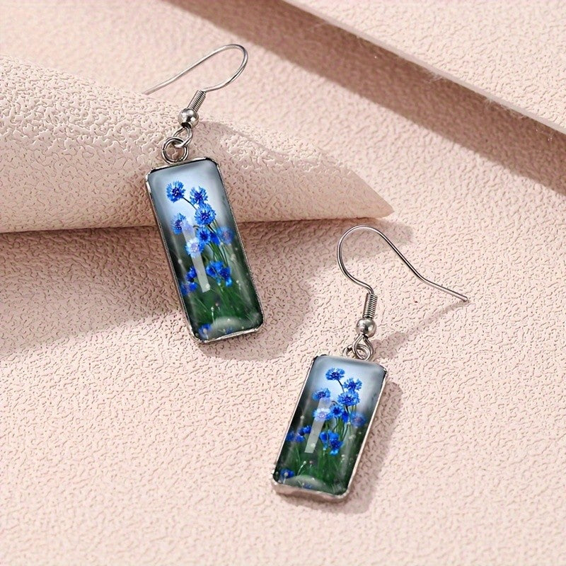 Blue Cornflower Rectangular Earrings