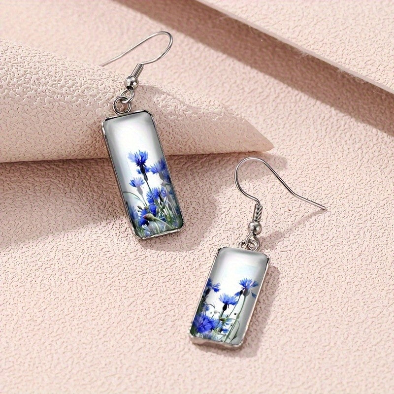 Blue Cornflower Rectangular Earrings
