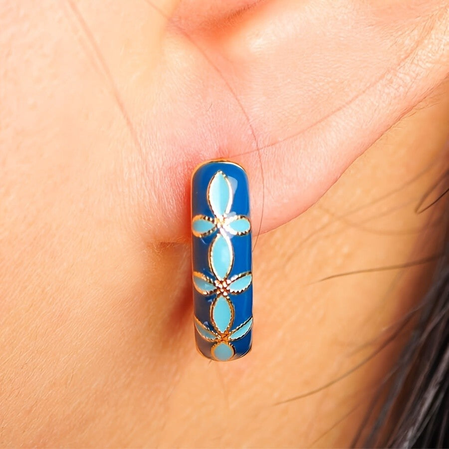 Blue Enamel Vine Hoop Earrings